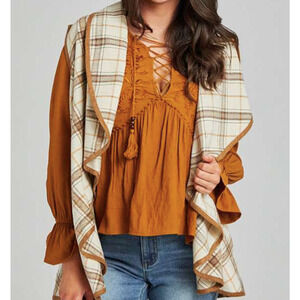 NWT Altar'd State Neutral Wool Blend Waterfall Beige Plaid Vest Size: Small